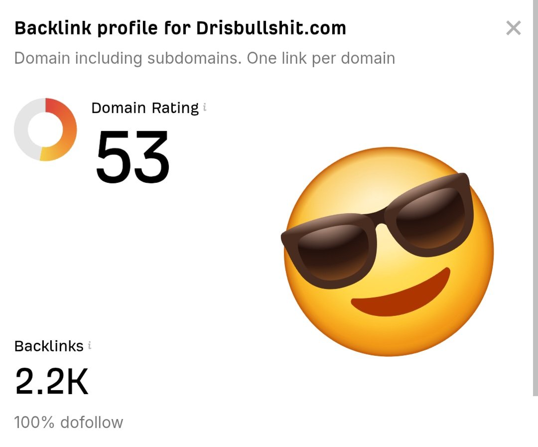 Ahrefs showing DR 53 for drisbullshit.com